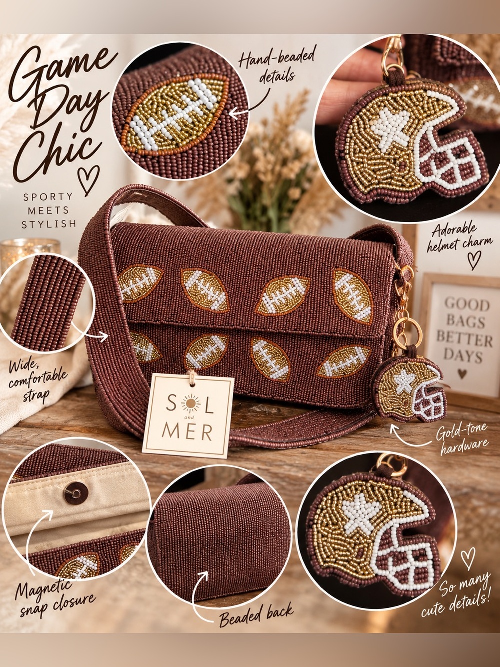 Sol and Mer | Fall Football Chocolate Brown Beaded Bag w/ Matching Bag Charm 🏈🍂 - Picture 3 of 14